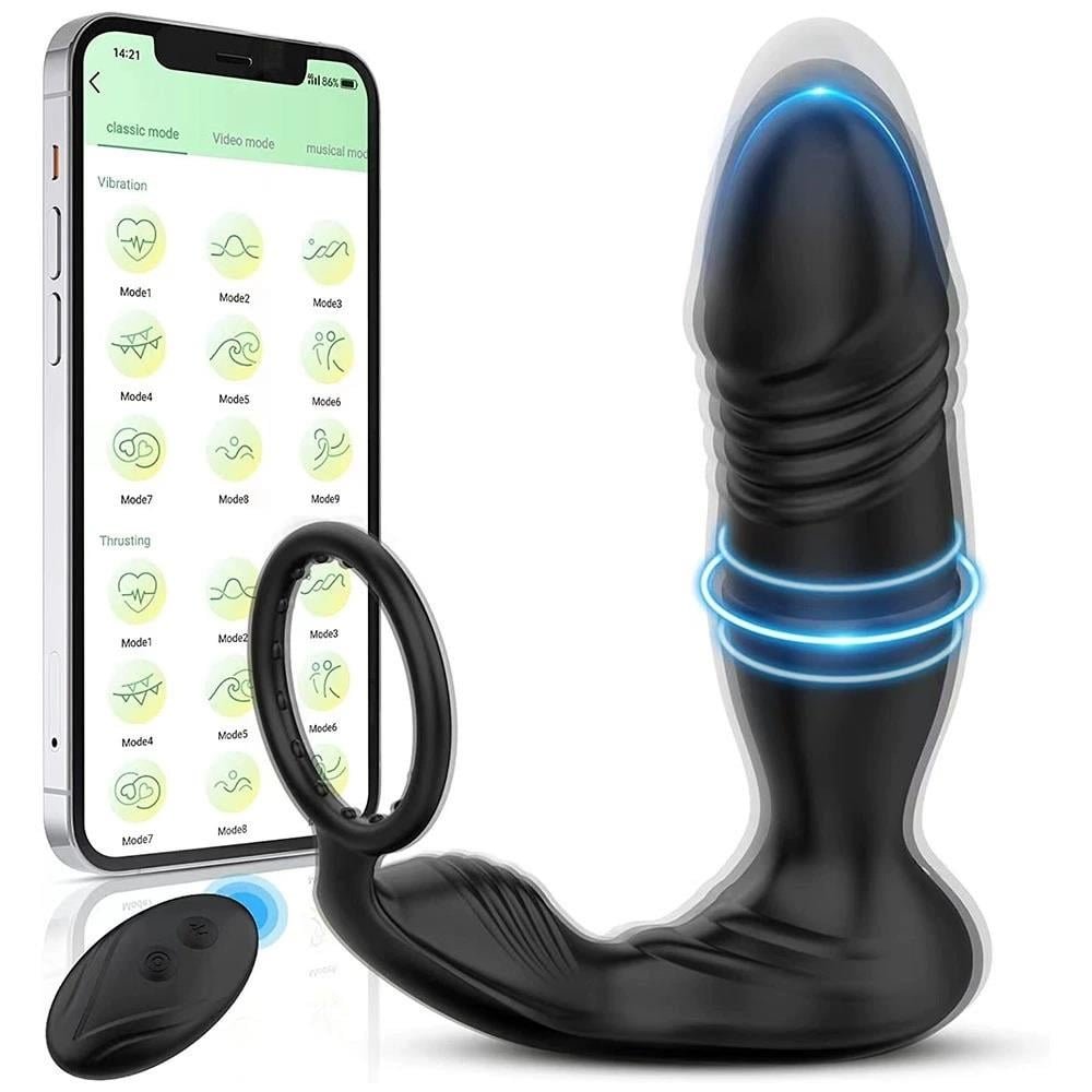 حلقة قضيب مغناطيسية قابلة لإعادة الشحن عبر منفذ USB، تعمل بالتحكم عن بعد للأمام والخلف، مع قابس شرجي هزاز.